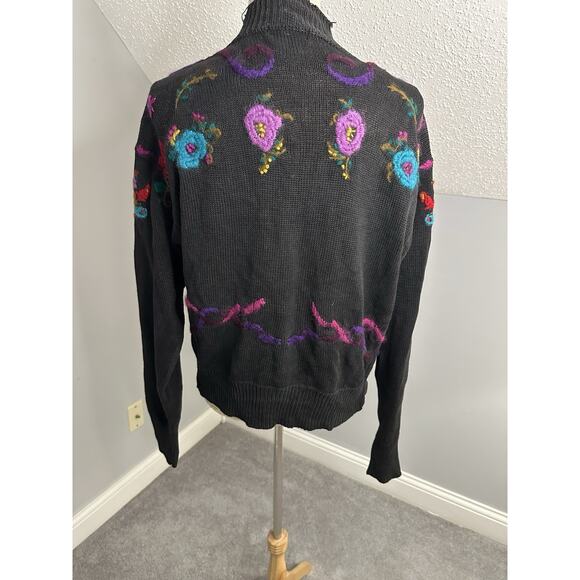 Vintage 90s Black Floral Embroidered Sweater Sz Medium Boho Anthro Vibes Grannie - Picture 6 of 12